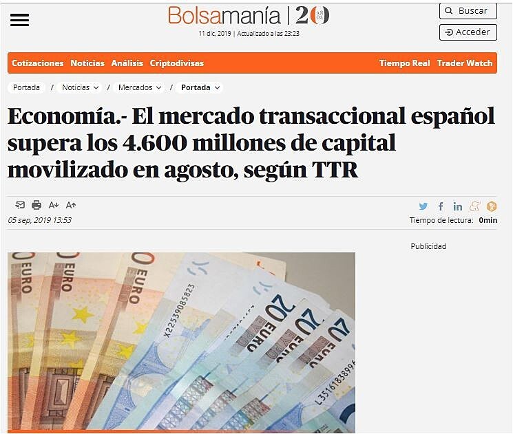 El mercado transaccional espaol supera los 4.600 millones de capital movilizado en agosto, segn TTR